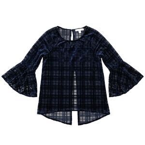 Lauren Conrad Velvet Burnout Top Womens S Navy Slit Back Sheer Bell Sleeve Plaid
